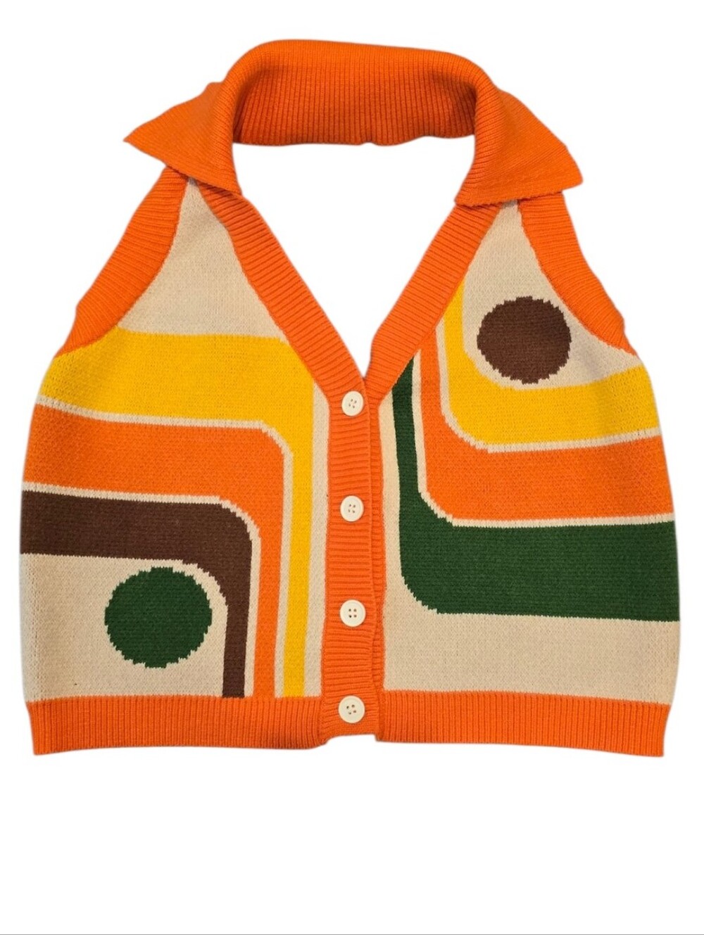 OXKnit Women's Orange 70s Geometric Jacquard Halter Knit Vest Size Medium